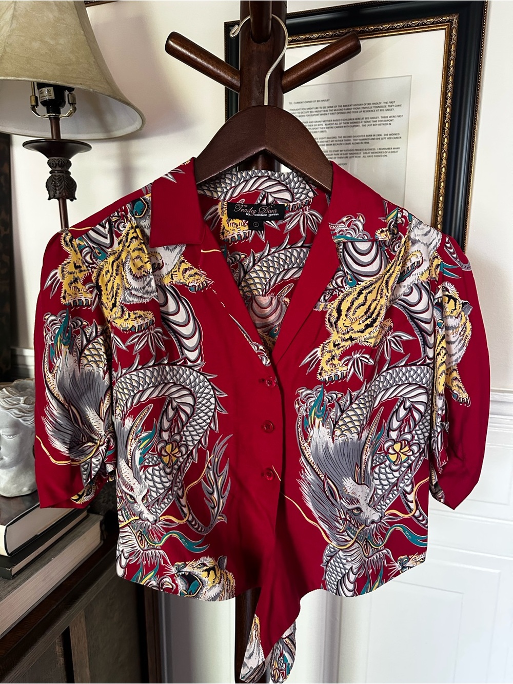 Trashy Diva Red Dragon & Tiger Tie-Front Crop Top